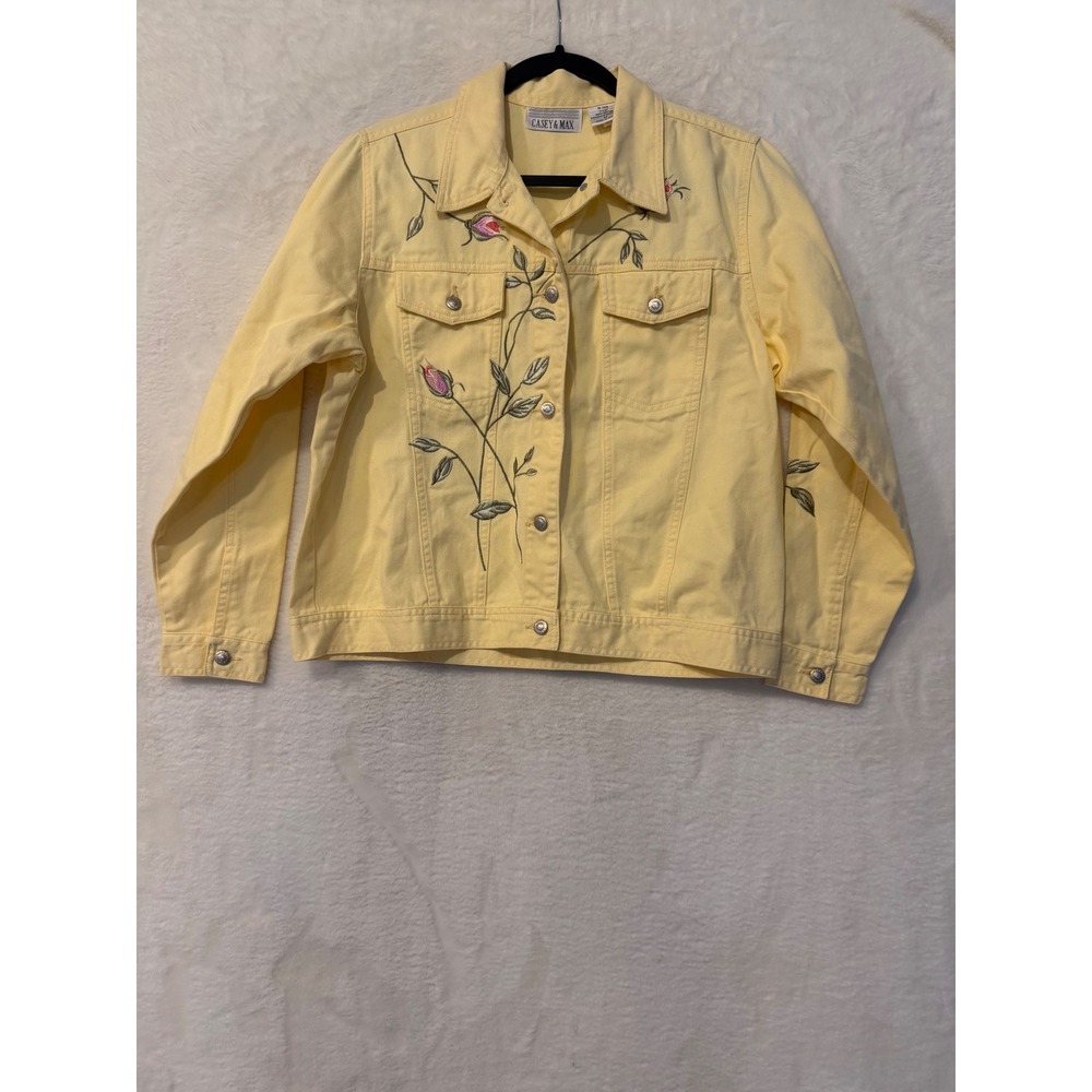 Casey & Max Yellow Denim Jacket Womens Medium Floral Rose Embroidered Cotton M